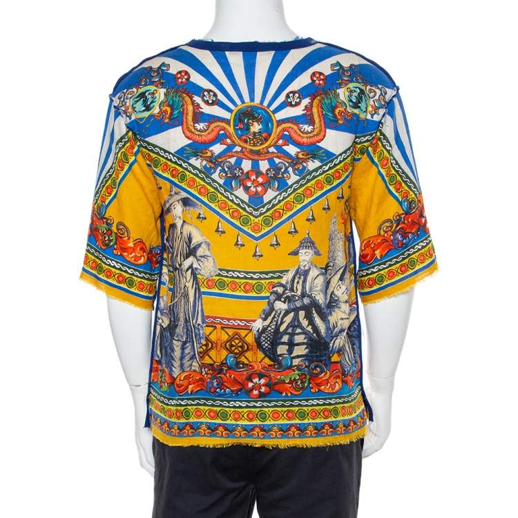 Pre Owned Dolce & Gabbana Multicolor Abstract Printed Linen Fray Detail Oversized T-Shirt XS