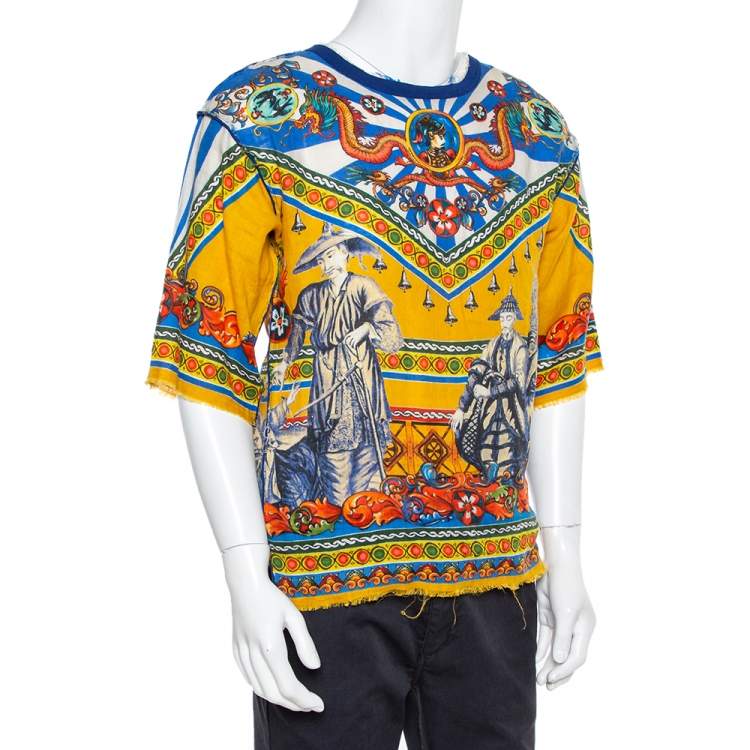 Pre Owned Dolce & Gabbana Multicolor Abstract Printed Linen Fray Detail Oversized T-Shirt XS
