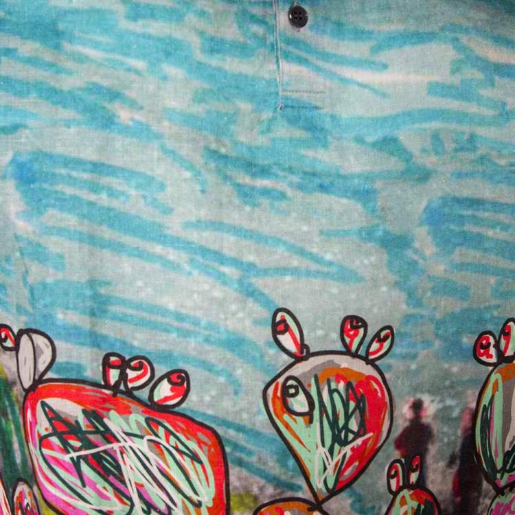 Pre Owned Dolce & Gabbana Multicolor Printed Linen Half Button Oversized T-Shirt XS