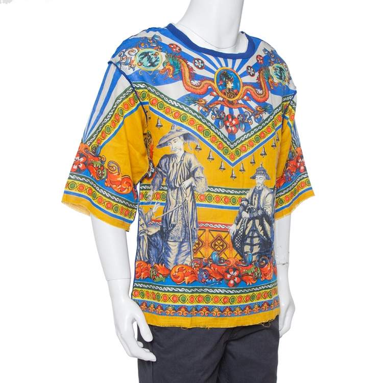 Pre Owned Dolce & Gabbana Multicolor Abstract Printed Linen Fray Detail Oversized T-Shirt M