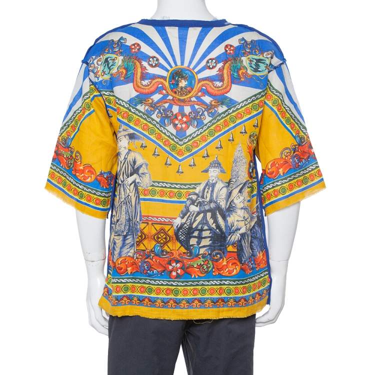 Pre Owned Dolce & Gabbana Multicolor Abstract Printed Linen Fray Detail Oversized T-Shirt M