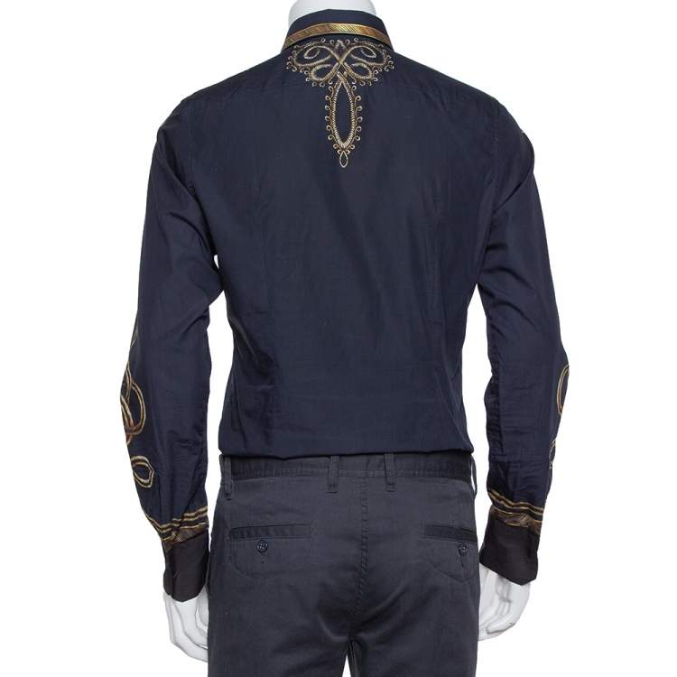 مملوكة مسبقًا Dolce & Gabbana Navy Blue Printed Cotton Button Front Gold Shirt M