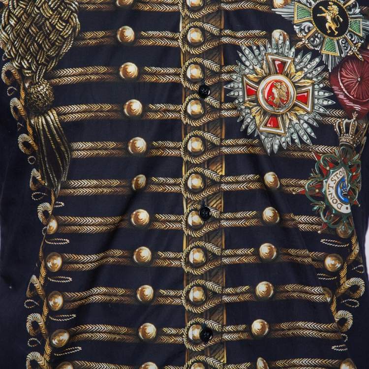 مملوكة مسبقًا Dolce & Gabbana Navy Blue Printed Cotton Button Front Gold Shirt M