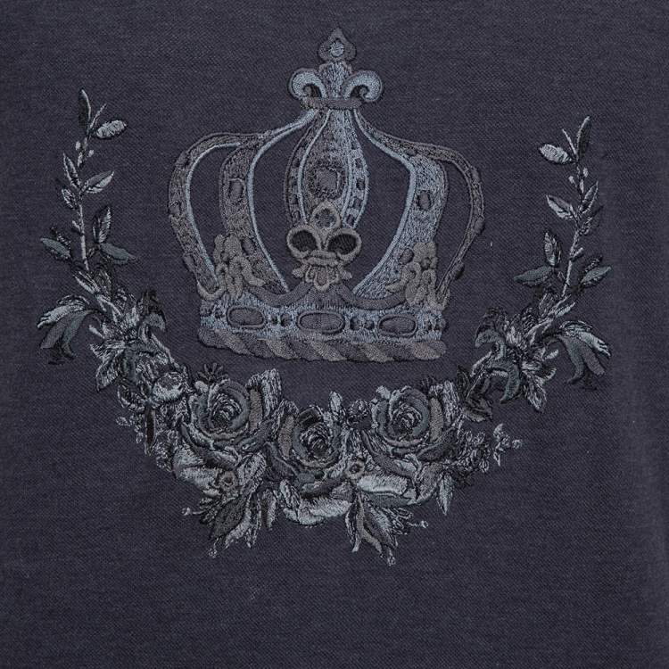 Pre Owned Dolce & Gabbana Grey Cotton Pique Embroidered Crown Polo T-Shirt M