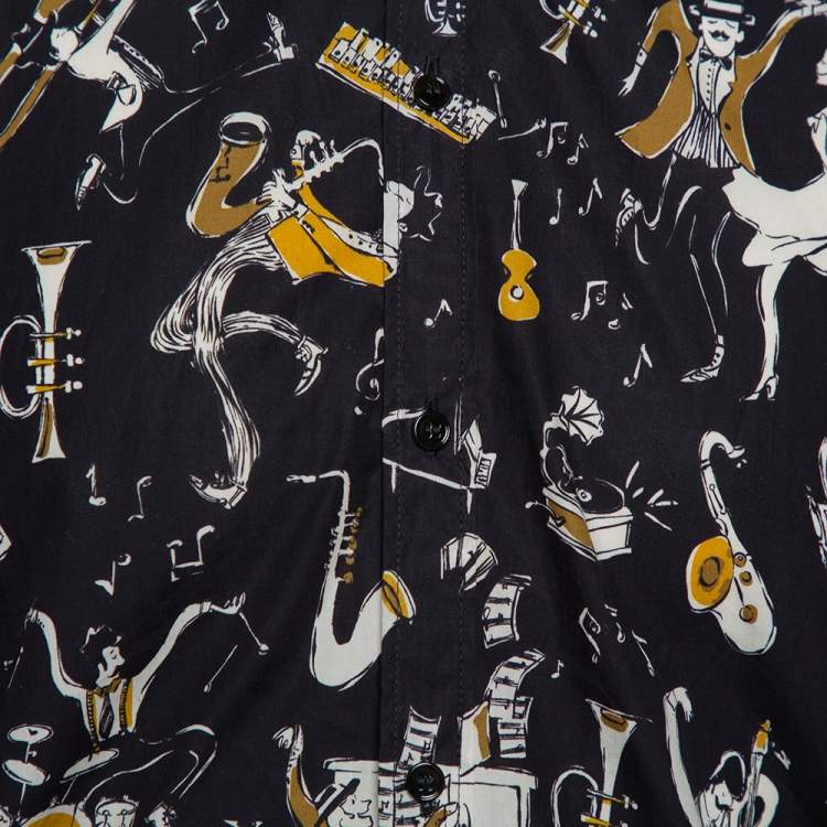 Pre Owned Dolce & Gabbana Gold Black Jazz Club Print Cotton Shirt M