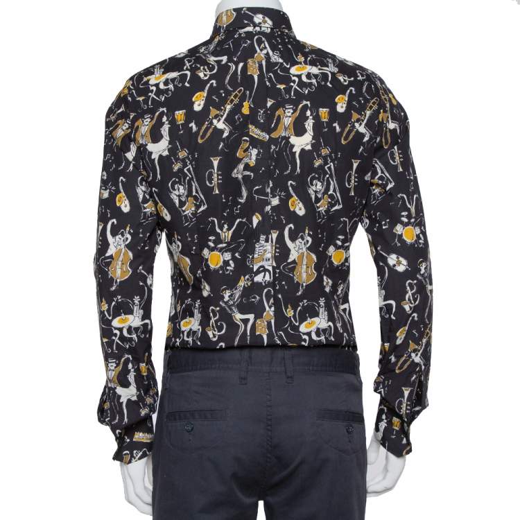 Pre Owned Dolce & Gabbana Gold Black Jazz Club Print Cotton Shirt M
