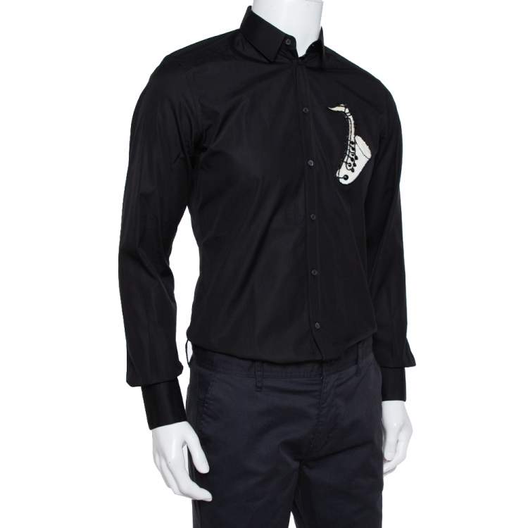 Pre Owned Dolce & Gabbana Black Cotton Sequin Embellished Jazz Gold Shirt M 