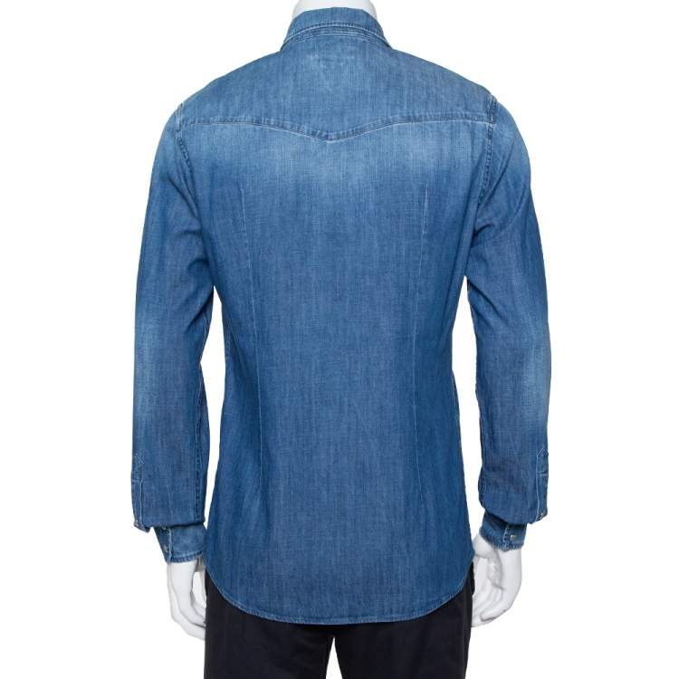 Pre Owned Dolce & Gabbana Navy Blue Faded Denim Bird Patch Applique Detail Shirt L