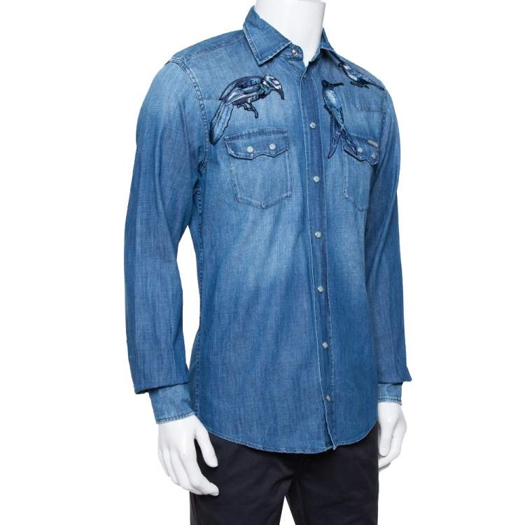 Pre Owned Dolce & Gabbana Navy Blue Faded Denim Bird Patch Applique Detail Shirt L