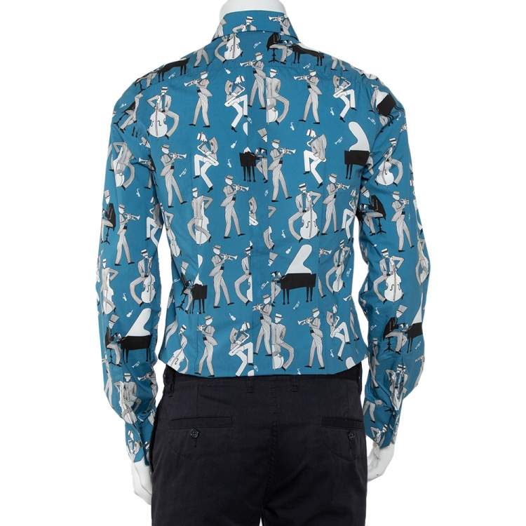 Pre Owned Dolce & Gabbana Blue Jazz Printed Cotton Button Front Gold Shirt L