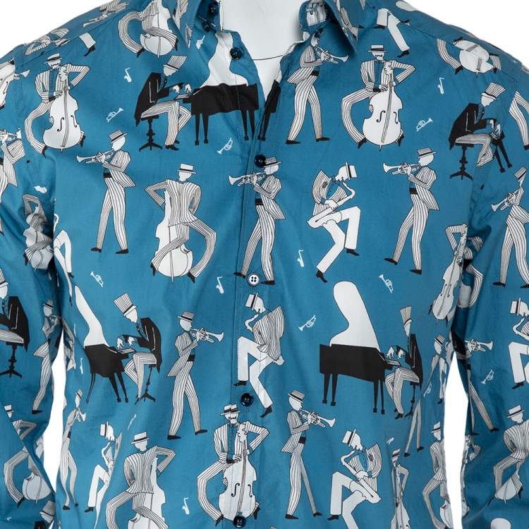 Pre Owned Dolce & Gabbana Blue Jazz Printed Cotton Button Front Gold Shirt L