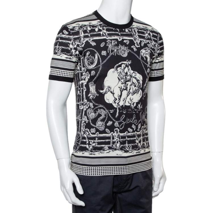 Pre Owned Dolce & Gabbana Monochrome Printed Cotton Crewneck T-Shirt XS