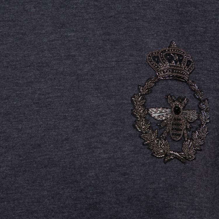 Pre Owned Dolce & Gabbana Grey Cotton Crown & Bee Patch T Shirt XS