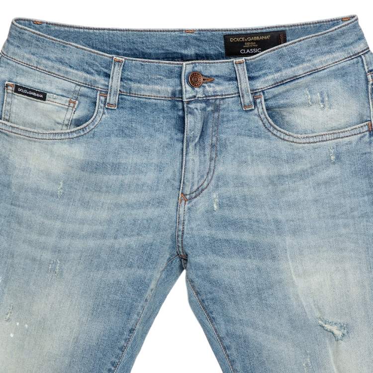 Pre Owned Dolce & Gabbana Blue Faded Denim Distressed Classic Jeans S