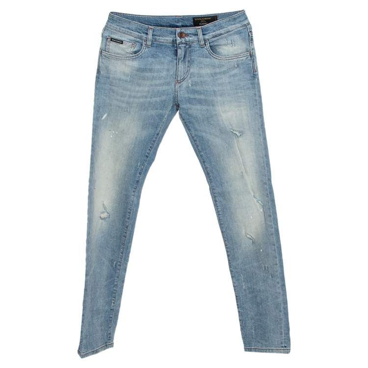 Pre Owned Dolce & Gabbana Blue Faded Denim Distressed Classic Jeans S
