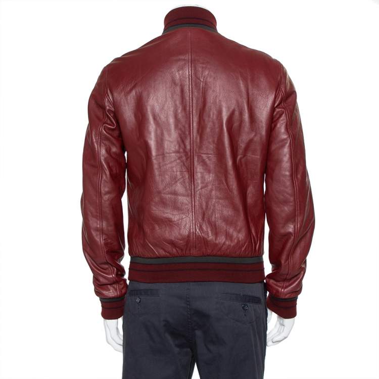 Pre Owned Dolce & Gabbana Burgundy Leather Nappa Bomber Jacket L