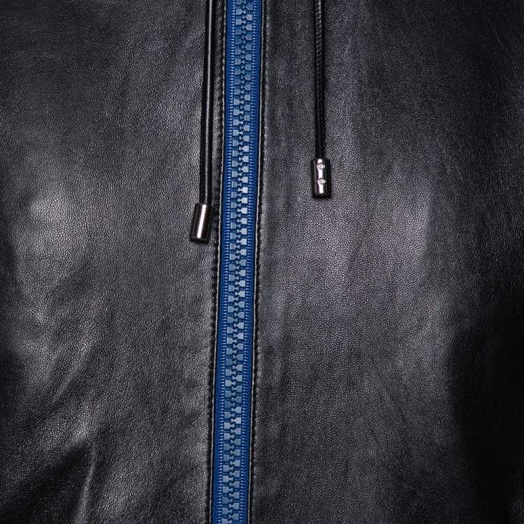 Pre Owned Dolce & Gabbana Black Leather Zip Front Hooded Jacket L