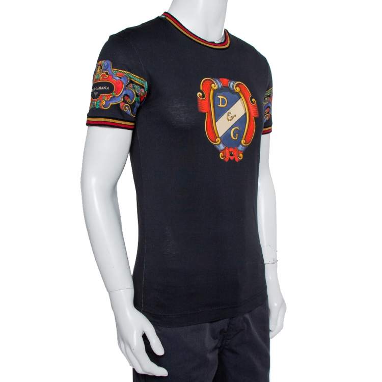 Pre Owned Dolce & Gabbana Black Heraldic Printed Cotton Crewneck T-Shirt XS