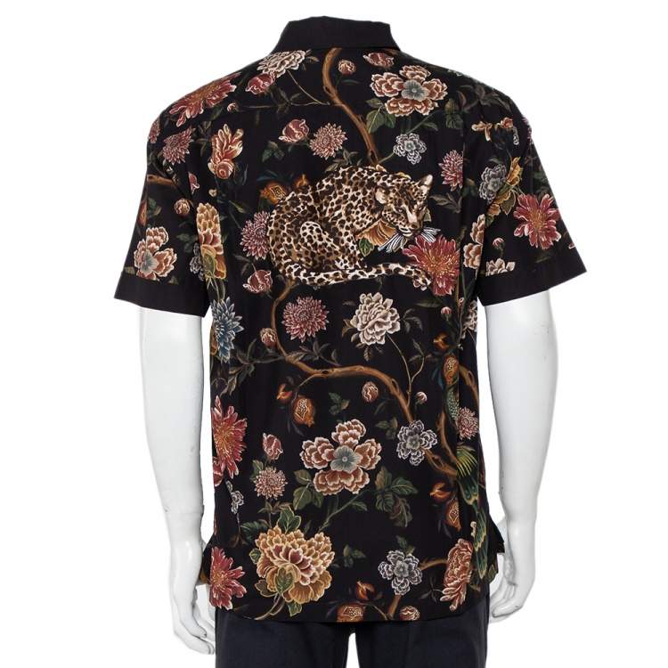 Pre Owned Dolce & Gabbana Black Floral Printed Cotton Applique Detail Short Sleeve Shirt M