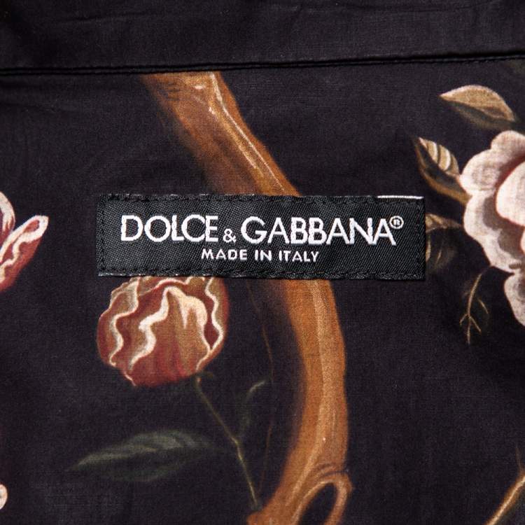Pre Owned Dolce & Gabbana Black Floral Printed Cotton Applique Detail Short Sleeve Shirt M