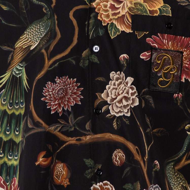 Pre Owned Dolce & Gabbana Black Floral Printed Cotton Applique Detail Short Sleeve Shirt M