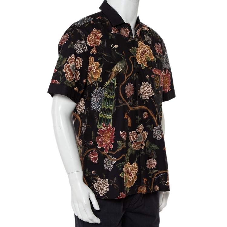 Pre Owned Dolce & Gabbana Black Floral Printed Cotton Applique Detail Short Sleeve Shirt M