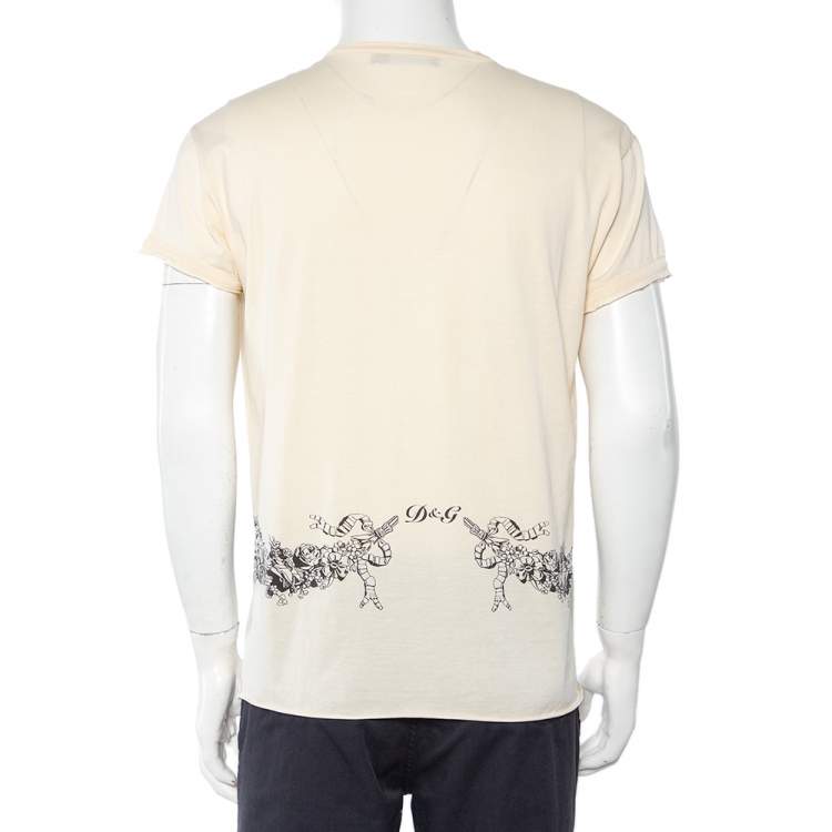 Pre Owned Dolce & Gabbana Cream Sicilian Building Printed & Logo Embellished T-Shirt L