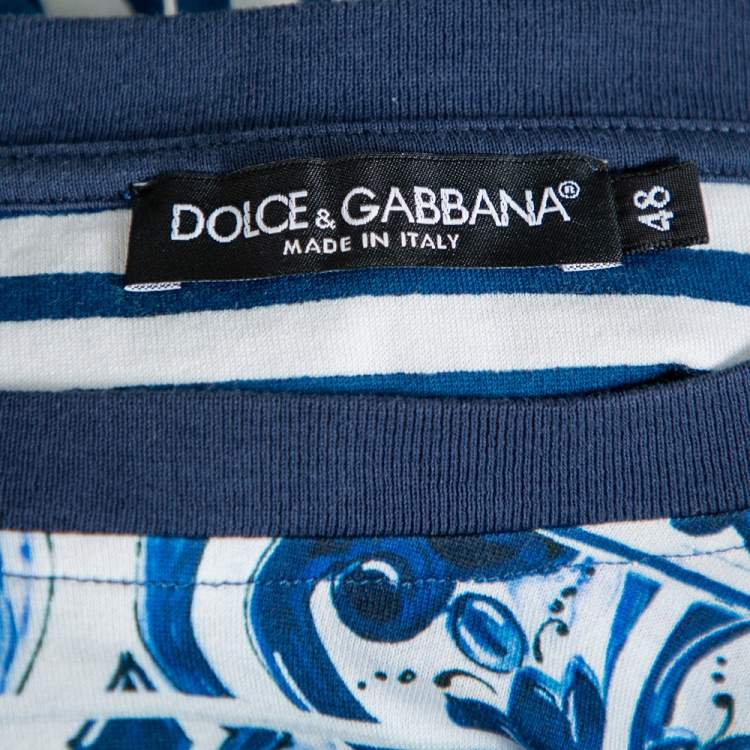 Pre Owned Dolce & Gabbana White Striped Majolica Printed Crewneck T-Shirt M