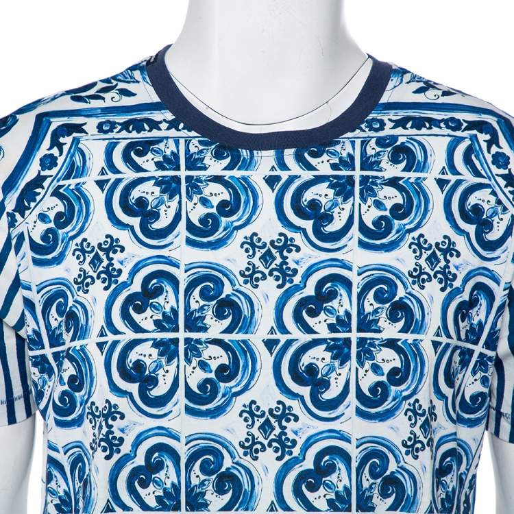 Pre Owned Dolce & Gabbana White Striped Majolica Printed Crewneck T-Shirt M