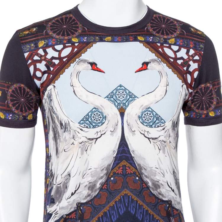 Pre Owned Dolce & Gabbana Multicolor Swan Printed Cotton Crewneck T-Shirt M