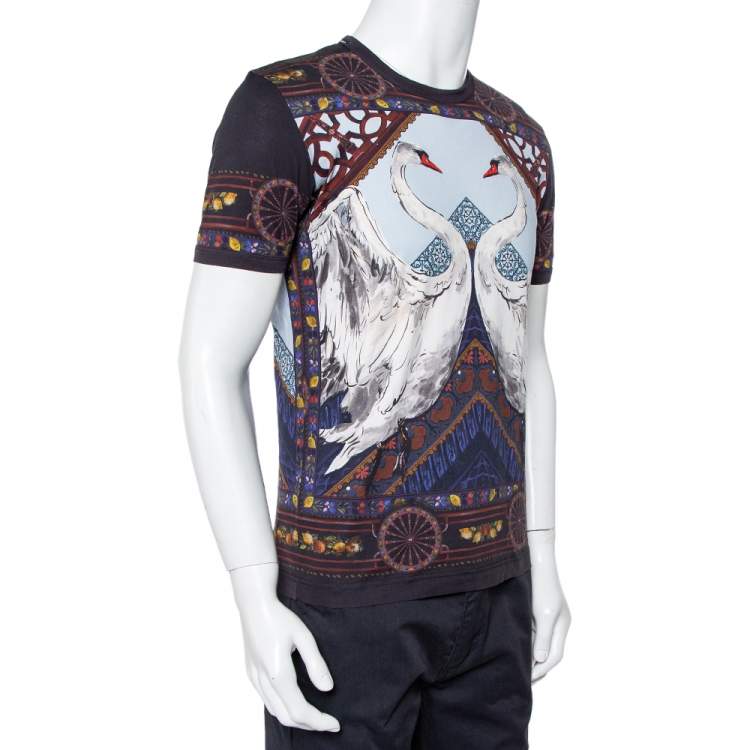 Pre Owned Dolce & Gabbana Multicolor Swan Printed Cotton Crewneck T-Shirt M