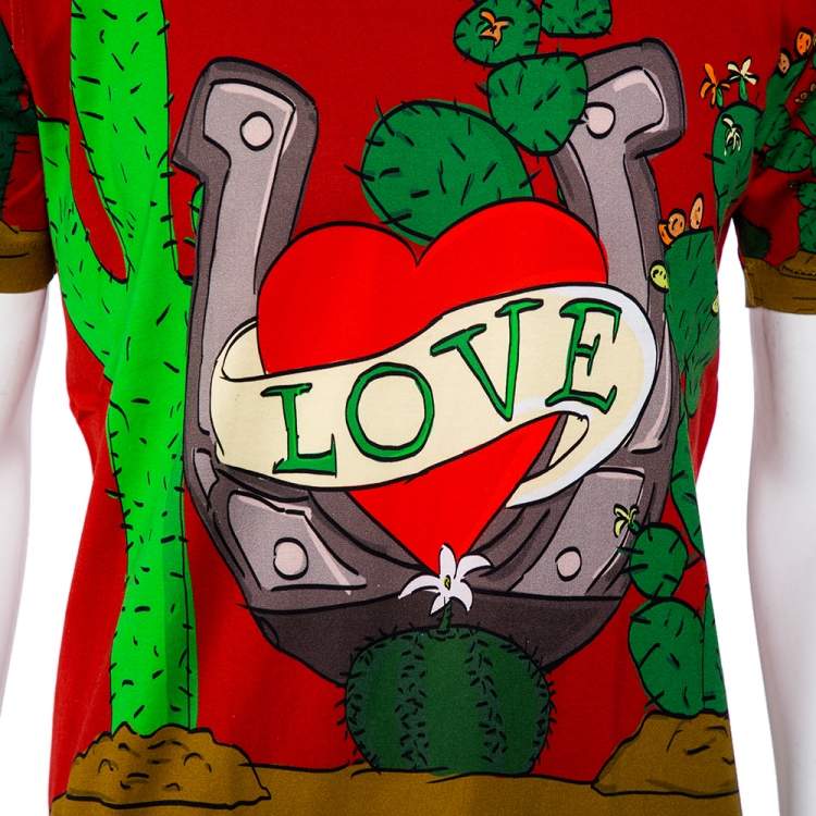 Pre Owned Dolce & Gabbana Red Cactus & Love Printed Crewneck T-Shirt M