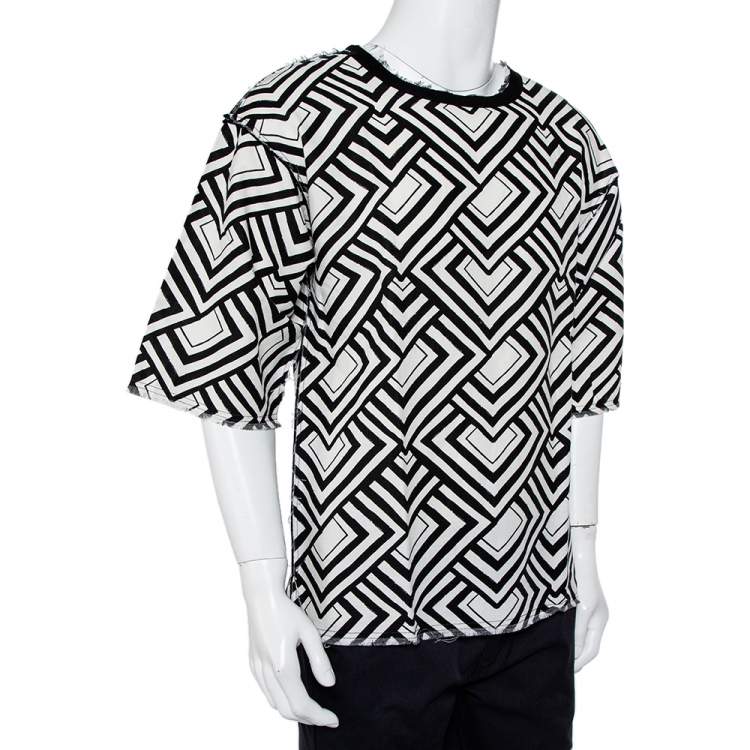 Geometric long sleeve black cotton T shirt for men