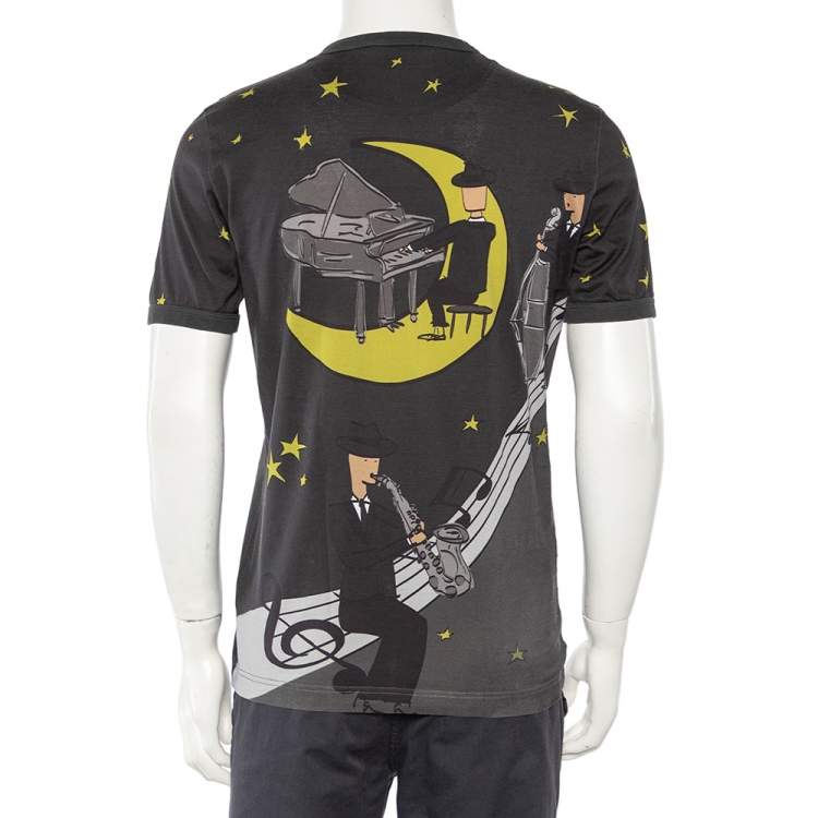 Pre Owned Dolce & Gabbana Black Star % Musical Printed Cotton Crewneck T-Shirt XL