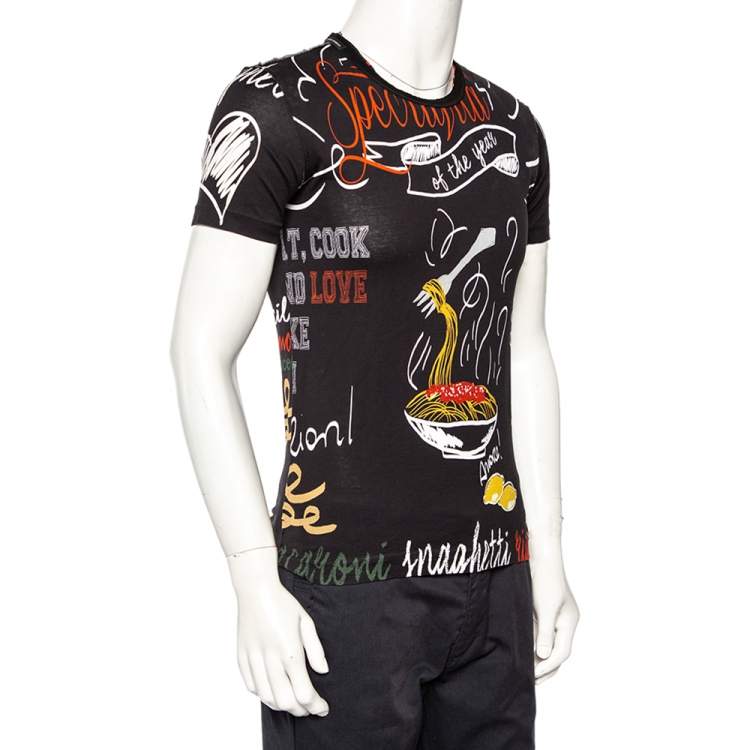 Pre Owned Dolce & Gabbana Black Spaghetti Printed Cotton Crewneck T-Shirt S