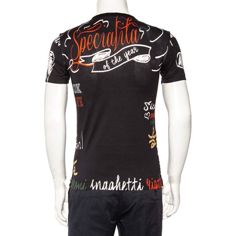 Pre Owned Dolce & Gabbana Black Spaghetti Printed Cotton Crewneck T-Shirt S