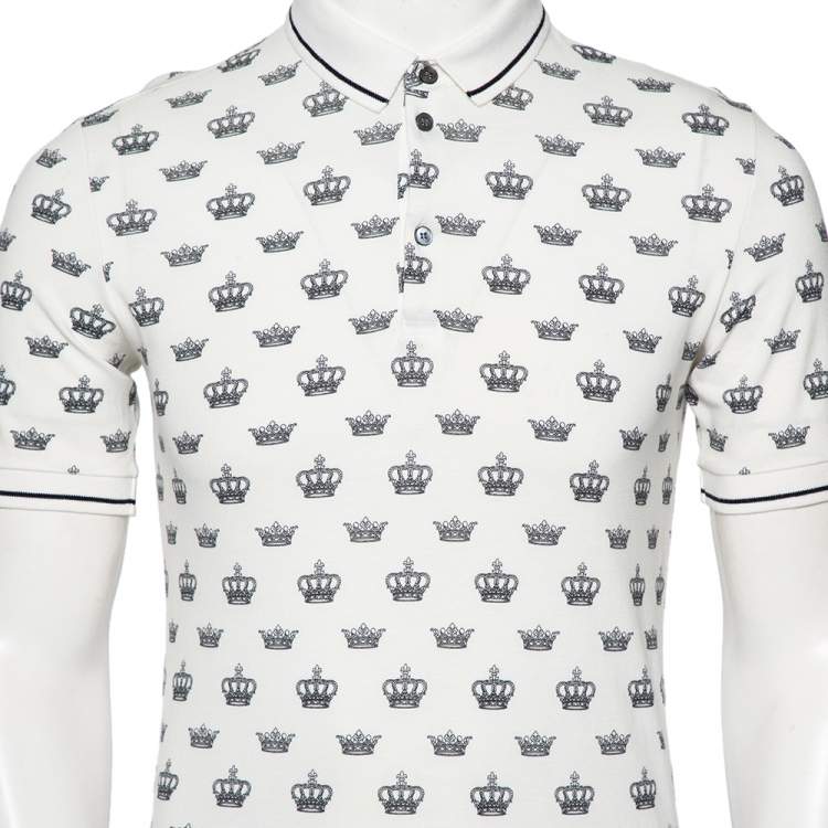 Pre Owned Dolce & Gabbana White Crown Printed Cotton Pique Polo T-Shirt M