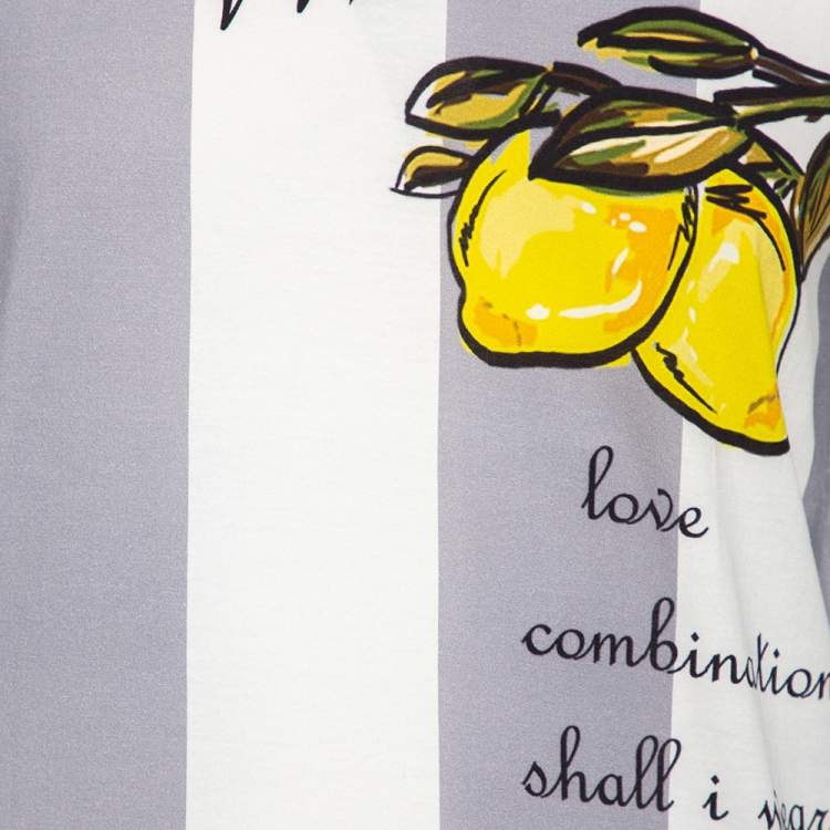 Pre Owned Dolce & Gabbana White & Grey Striped Lemon Printed Cotton Crewneck T-Shirt M