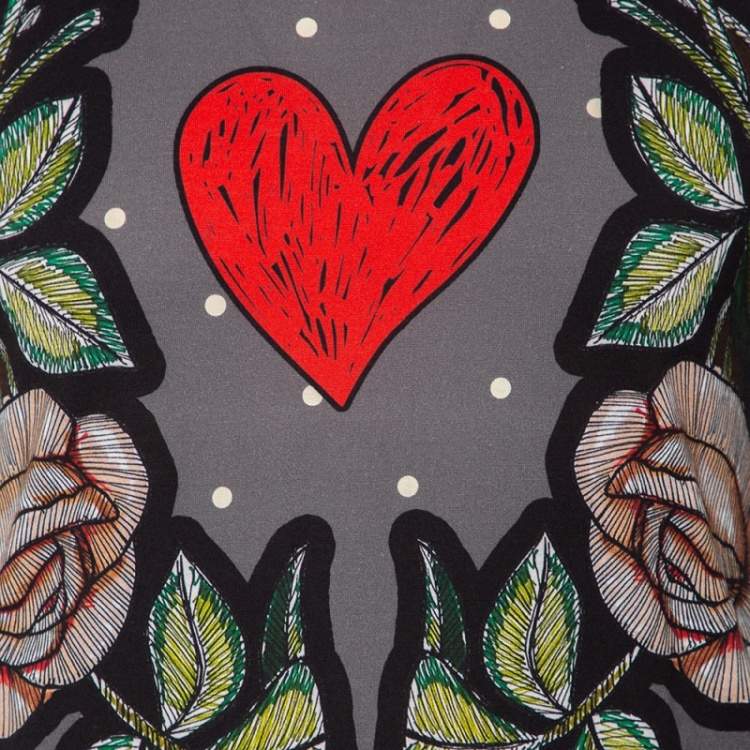 Pre Owned Dolce & Gabbana Grey Polka Dot Rose & Heart Printed Crewneck T-Shirt M