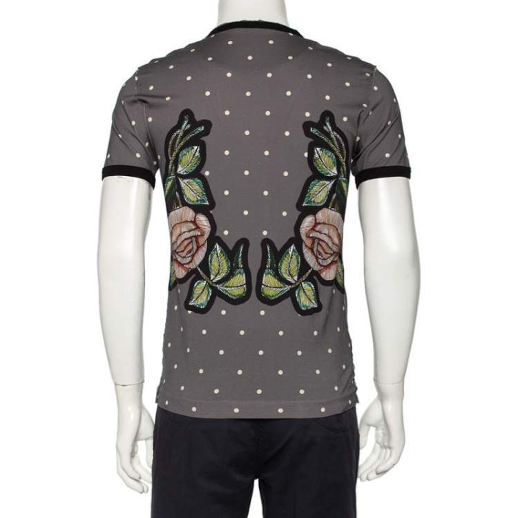 Pre Owned Dolce & Gabbana Grey Polka Dot Rose & Heart Printed Crewneck T-Shirt M