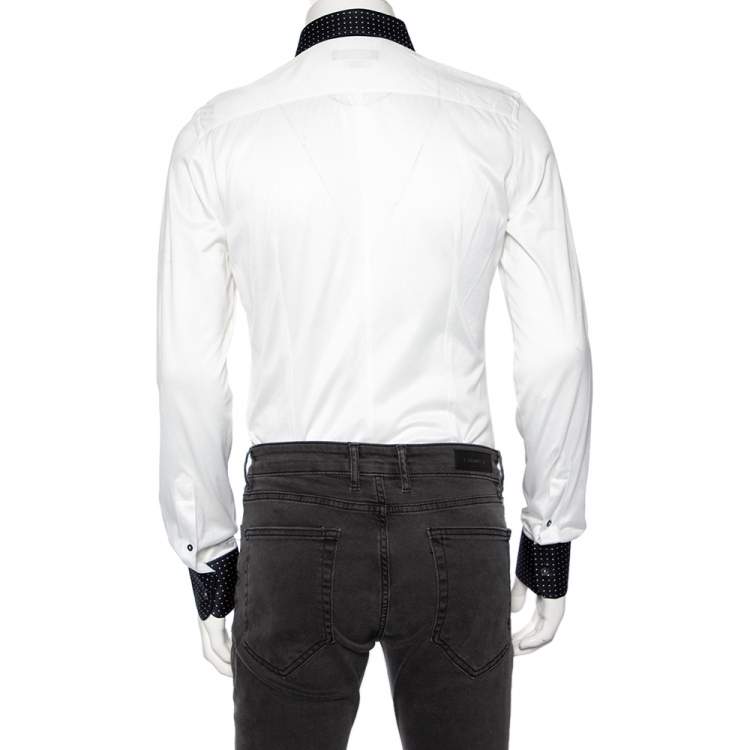Pre Owned Dolce & Gabbana White Cotton Knit Contrast Polka Dot Collar Shirt L