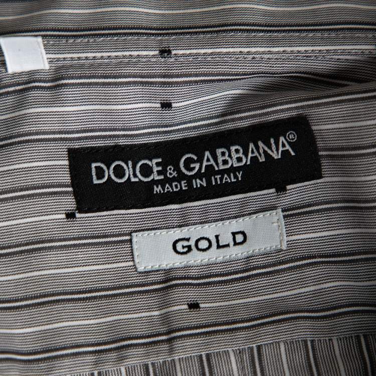 Pre Owned Dolce & Gabbana Grey Striped Cotton Embroidered Detail Gold Fit Shirt M