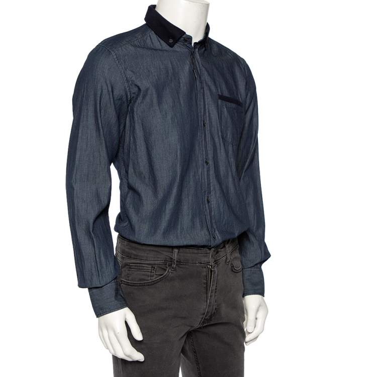 Pre Owned Dolce & Gabbana Chambray Cotton Knit Collar Detail Gold Label Shirt L 