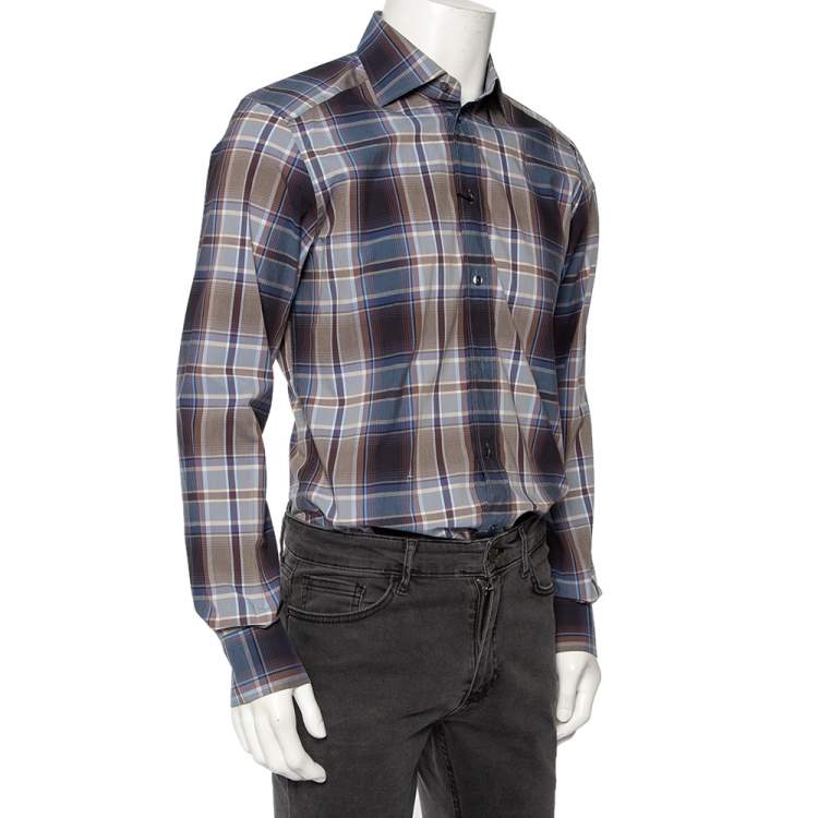Pre Owned Dolce & Gabbana Blue Plaid Checked Cotton Gold Label Shirt M 