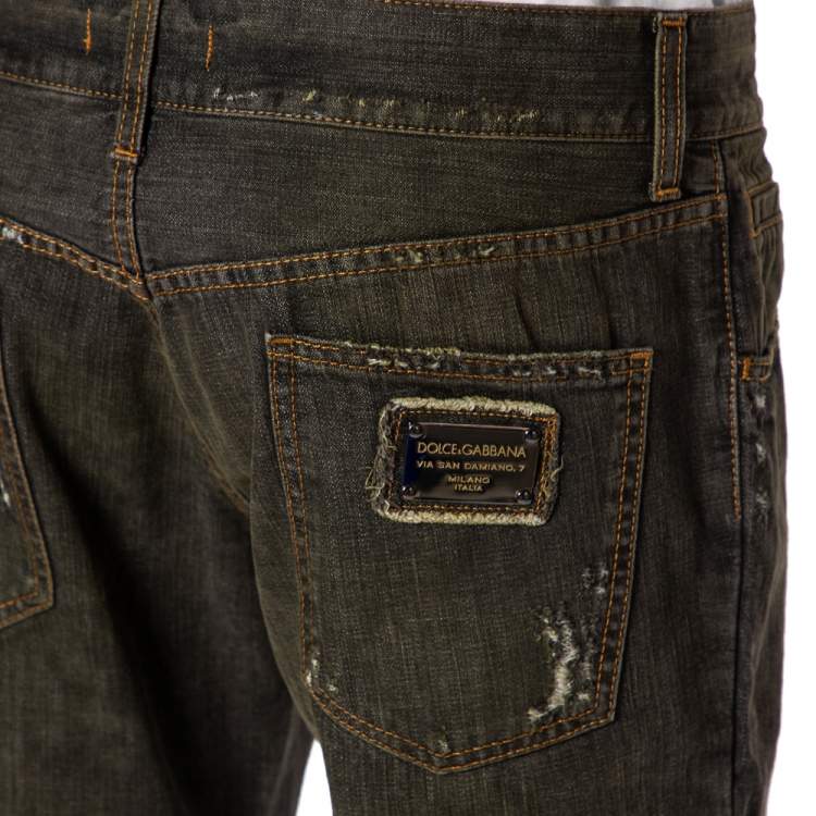 Pre Owned Dolce & Gabbana Charcoal Grey Muddy Effect Distressed Denim Fit 14 Jeans L 