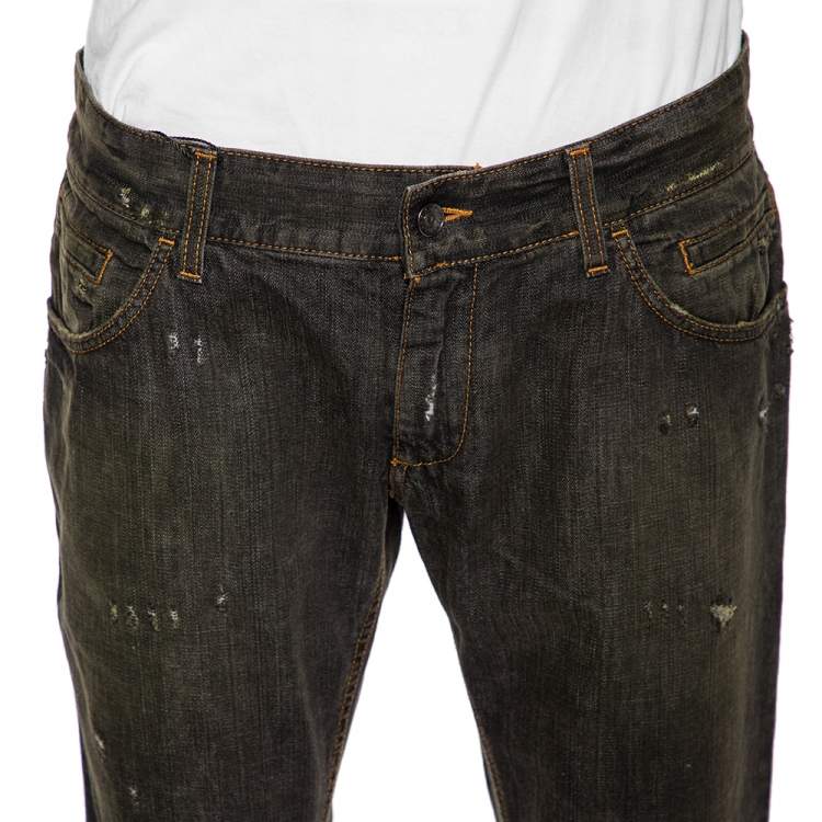 Pre Owned Dolce & Gabbana Charcoal Grey Muddy Effect Distressed Denim Fit 14 Jeans L 