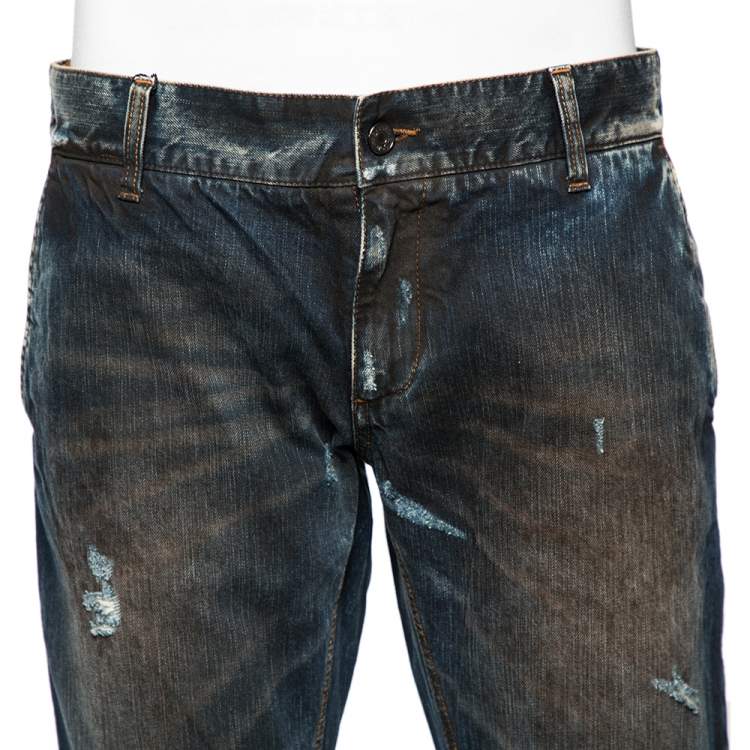 Pre Owned Dolce & Gabbana Blue Dark Wash Denim Muddy Effect Fit 14 Jeans L 