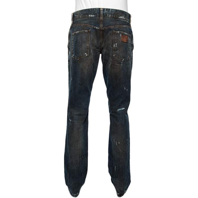 Pre Owned Dolce & Gabbana Blue Dark Wash Denim Muddy Effect Fit 14 Jeans L 