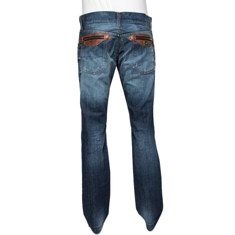 Pre Owned Dolce & Gabbana Blue Faded Effect Denim Leather Detail Fit 14 Jeans L  