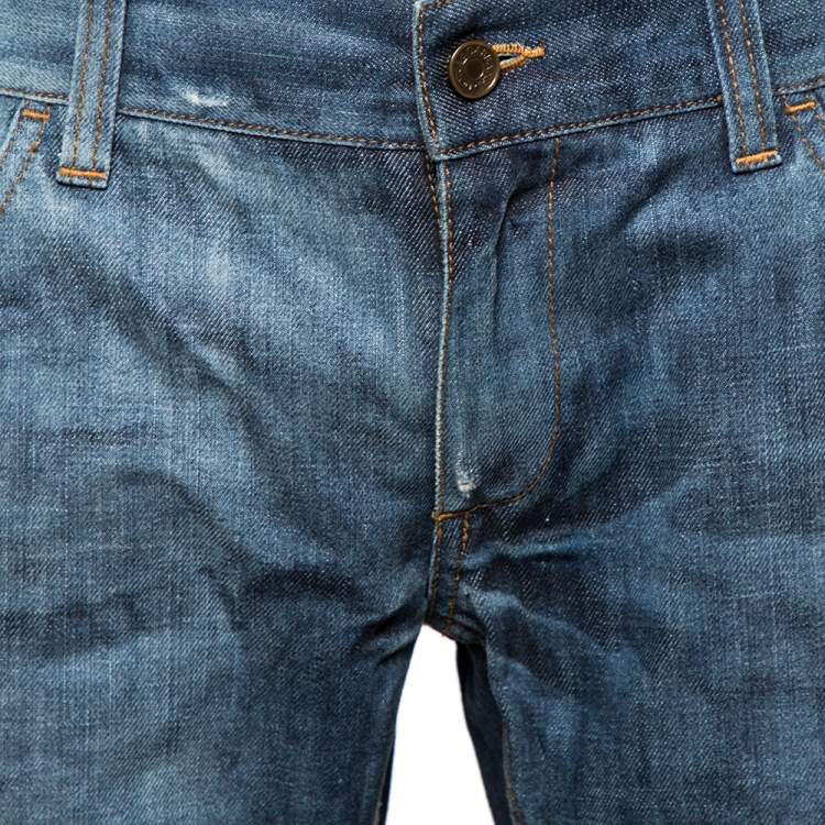 Pre Owned Dolce & Gabbana Blue Faded Effect Denim Leather Detail Fit 14 Jeans L  